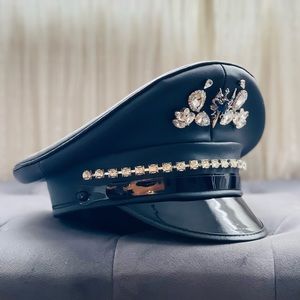 Double Dragon Jeweled Military Peaked black Faux Leather Captain Hat